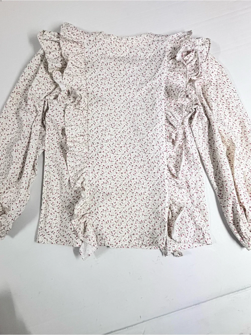 Anthropologie Blouse Dainty Pink Floral Print Ruffle Long Sleeve Blouse Large